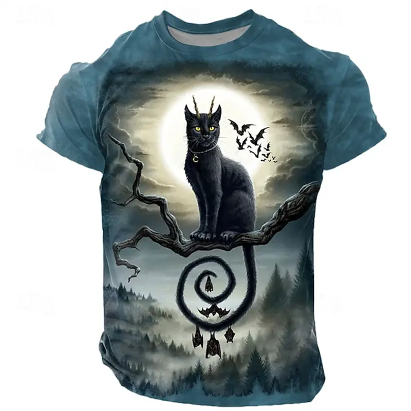 3D Print Black Cat Pattern Men's T-Shirt Fashion Vintage Holloween Cool Short Sleeve Tees Loose Daily Casual Summer Outdoor Tops