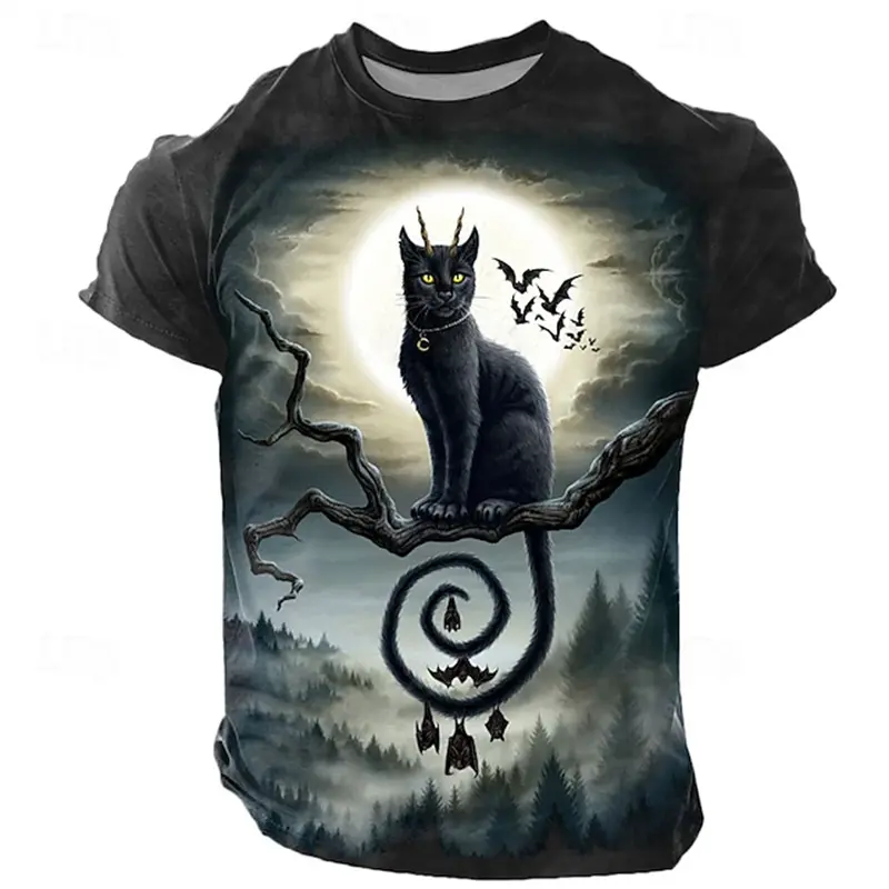 3D Print Black Cat Pattern Men's T-Shirt Fashion Vintage Holloween Cool Short Sleeve Tees Loose Daily Casual Summer Outdoor Tops
