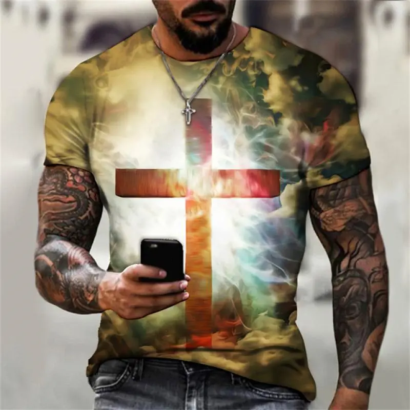 3D Print Christian T Shirts Oversized Tee Shirt Gothic Jesus Christ Cross O-Neck Tops Vintage Hip Hop Short Sleeve Men Clothing