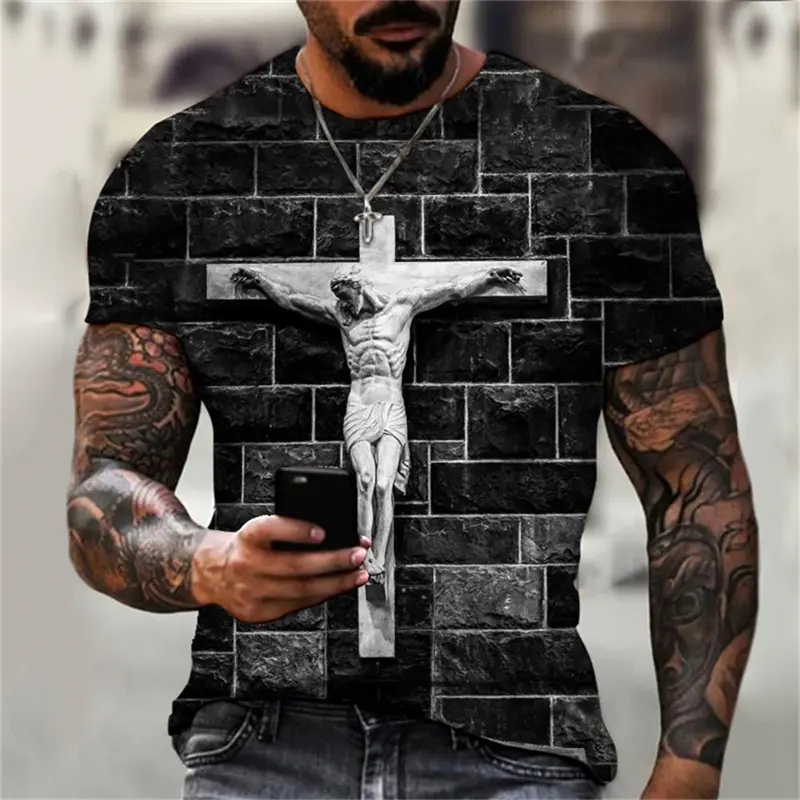 3D Print Christian T Shirts Oversized Tee Shirt Gothic Jesus Christ Cross O-Neck Tops Vintage Hip Hop Short Sleeve Men Clothing