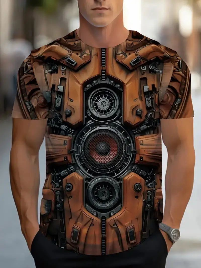 Fashion Men's T-Shirt 3D Futurism Mechanical Printed T-Shirt Street Cyberpunk Trendy O Neck Top Summer Men's Y2k Casual Clothing