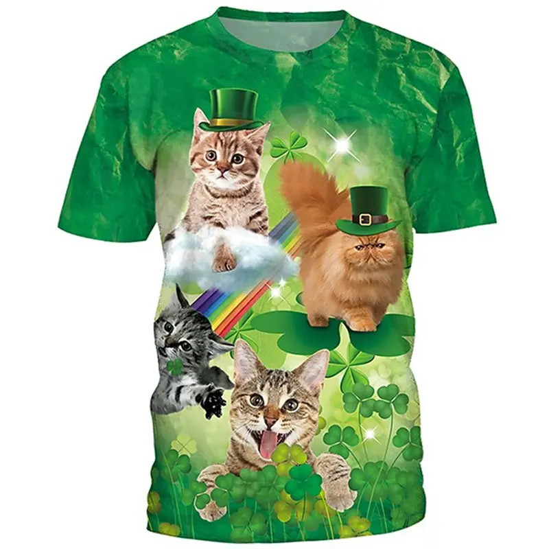 St. Patrick's Day T Shirts For Men Fashion 3d Print Green Clover Cats Graphic Short Sleeve Womens T-shirt Casual Holiday Gifts