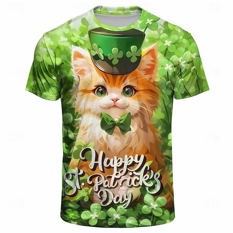 St. Patrick's Day T Shirts For Men Fashion 3d Print Green Clover Cats Graphic Short Sleeve Womens T-shirt Casual Holiday Gifts
