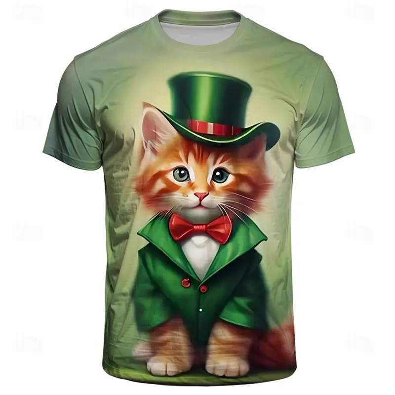 St. Patrick's Day T Shirts For Men Fashion 3d Print Green Clover Cats Graphic Short Sleeve Womens T-shirt Casual Holiday Gifts