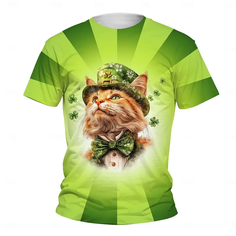 St. Patrick's Day T Shirts For Men Fashion 3d Print Green Clover Cats Graphic Short Sleeve Womens T-shirt Casual Holiday Gifts