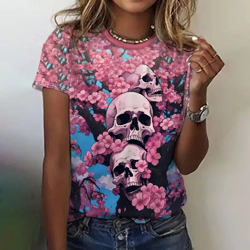 Halloween Skulls Pattern 3D Print T-Shirts Women O-Neck Short Sleeve T Shirt Y2k Harajuku Oversized Tees Tops Female Clothing