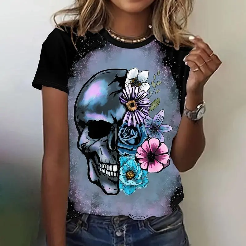 Halloween Skulls Pattern 3D Print T-Shirts Women O-Neck Short Sleeve T Shirt Y2k Harajuku Oversized Tees Tops Female Clothing