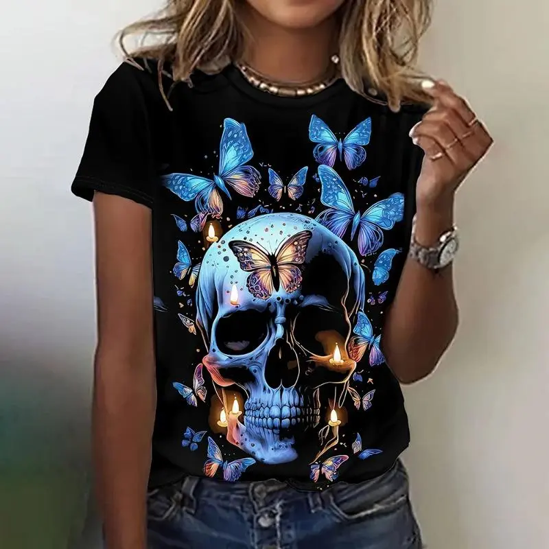 Halloween Skulls Pattern 3D Print T-Shirts Women O-Neck Short Sleeve T Shirt Y2k Harajuku Oversized Tees Tops Female Clothing