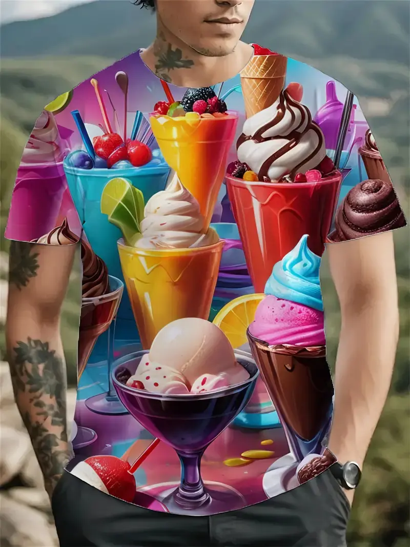 Fashion Ice Cream Graphic T-shirt For Men Funny Humour Short Sleeve Tee Shirt Trend Street Casual Clothes Kid Gift 2025 New Top