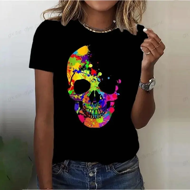 Halloween Skulls Pattern 3D Print T-Shirts Women O-Neck Short Sleeve T Shirt Y2k Harajuku Oversized Tees Tops Female Clothing