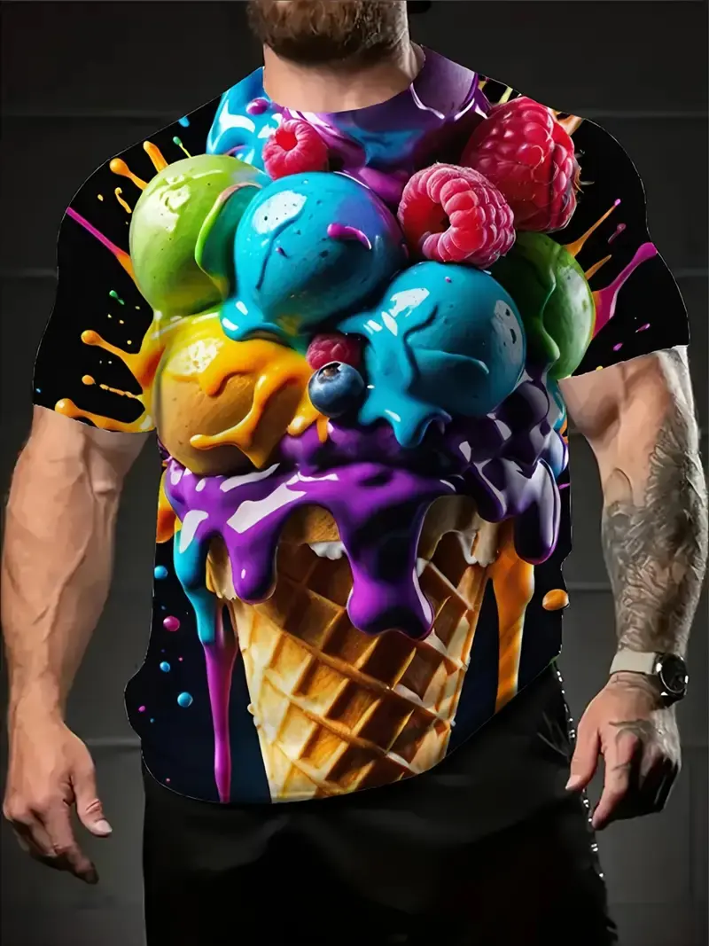 Fashion Ice Cream Graphic T-shirt For Men Funny Humour Short Sleeve Tee Shirt Trend Street Casual Clothes Kid Gift 2025 New Top