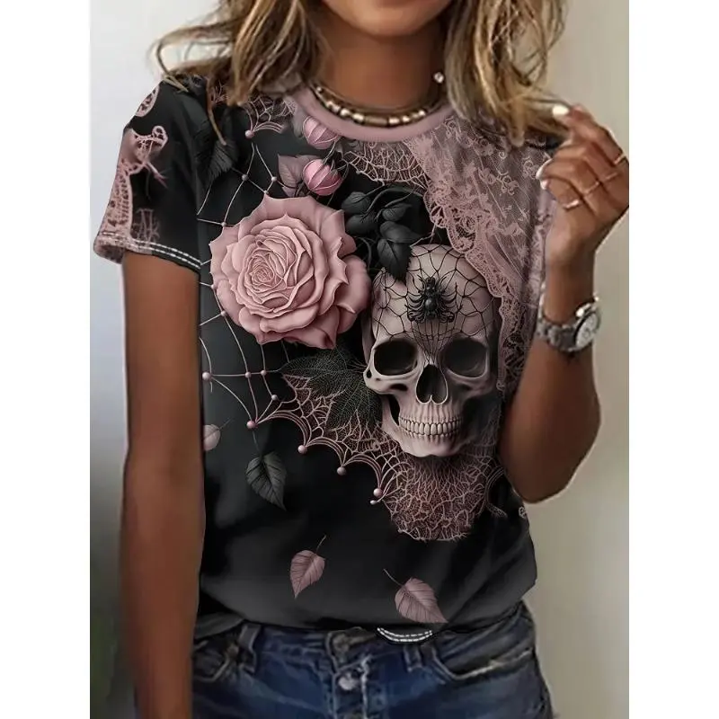 Halloween Skulls Pattern 3D Print T-Shirts Women O-Neck Short Sleeve T Shirt Y2k Harajuku Oversized Tees Tops Female Clothing