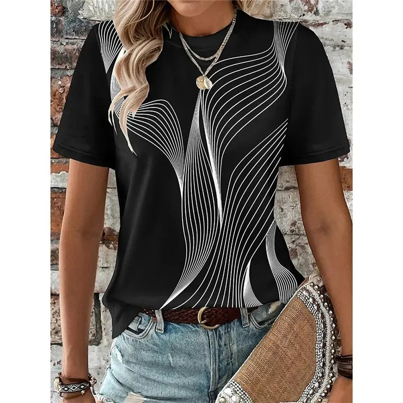 Women T-Shirt Simple Stripe 3D Printed Street Casual Harajuku T-Shirt Summer Fashion Women O-Neck T-Shirt Tops Y2k Clothing