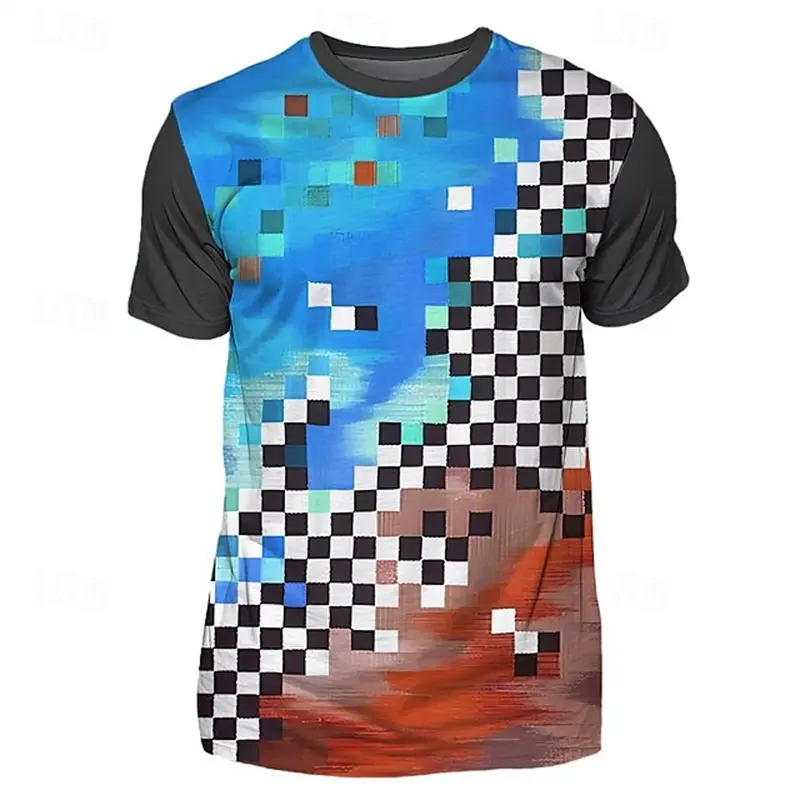 Trend Plaid Color Block Graphic 3D Print Casual Tees Street Style Men's T shirt Short Sleeve O-Neck Summer Clothing for man