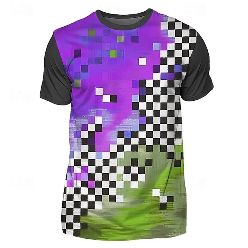 Trend Plaid Color Block Graphic 3D Print Casual Tees Street Style Men's T shirt Short Sleeve O-Neck Summer Clothing for man