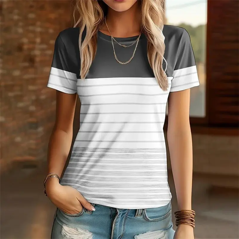 Women T-Shirt Simple Stripe 3D Printed Street Casual Harajuku T-Shirt Summer Fashion Women O-Neck T-Shirt Tops Y2k Clothing