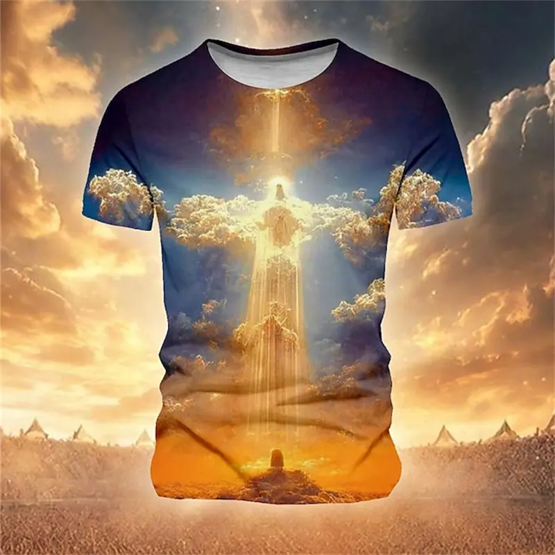 2025 New 3D Print Jesus Cross Graphic Tshirt Summer Men's Short Sleeve Crew Neck T-Shirts New In Casual Oversized Christ Tshirt