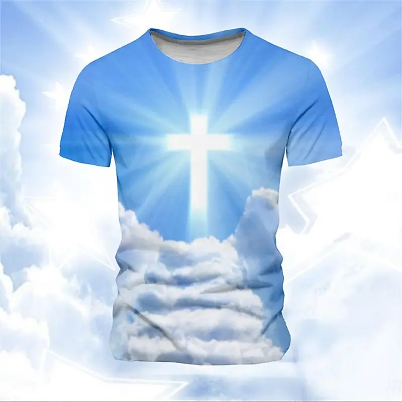 2025 New 3D Print Jesus Cross Graphic Tshirt Summer Men's Short Sleeve Crew Neck T-Shirts New In Casual Oversized Christ Tshirt
