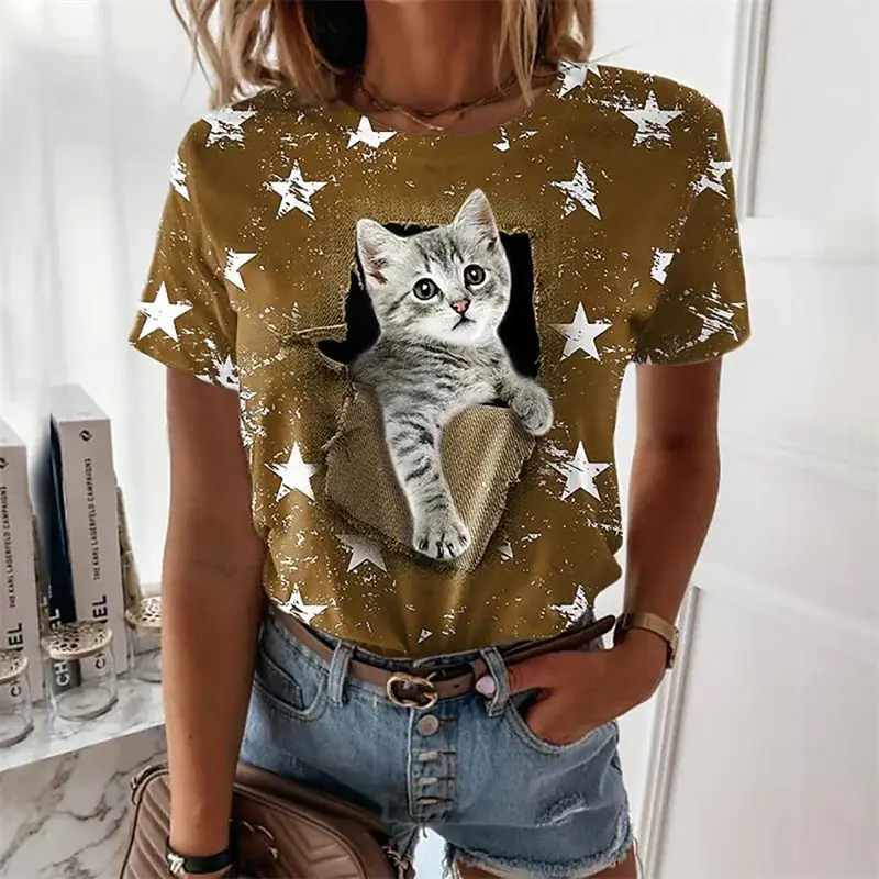 Cute Animal Cat 3d Print Women's T-Shirt Summer Fashion Short Sleeved Casual Top O Neck T-Shirt Y2k Oversized Women's Clothing
