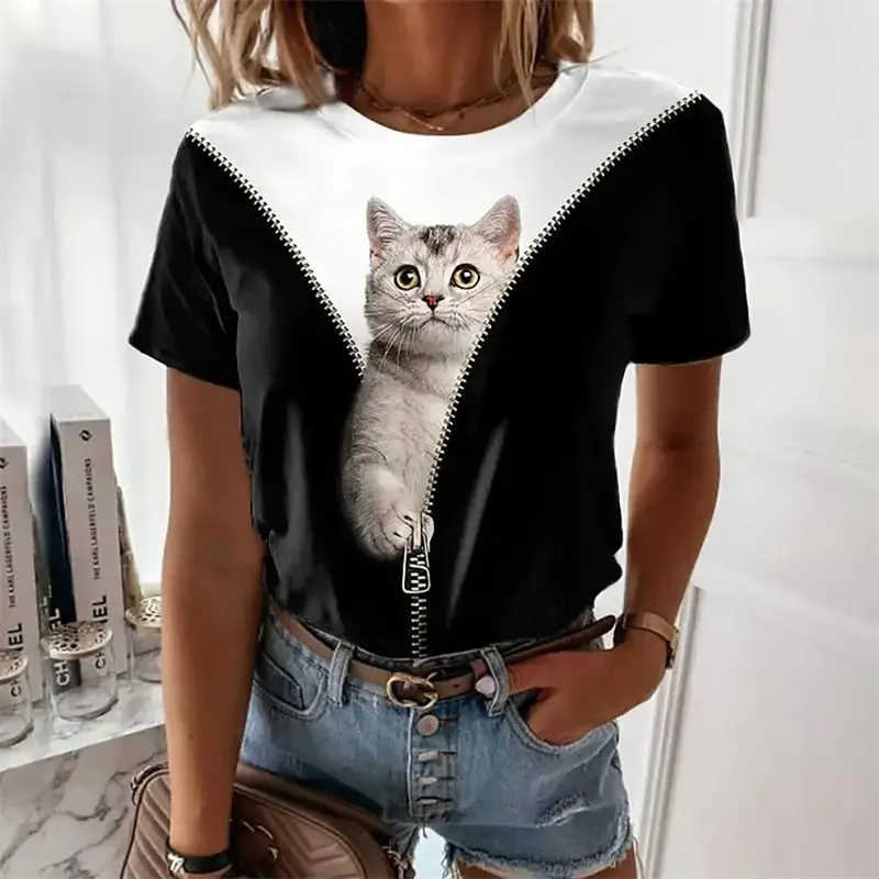 Cute Animal Cat 3d Print Women's T-Shirt Summer Fashion Short Sleeved Casual Top O Neck T-Shirt Y2k Oversized Women's Clothing