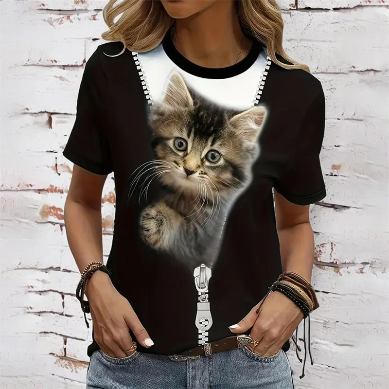 Cute Animal Cat 3d Print Women's T-Shirt Summer Fashion Short Sleeved Casual Top O Neck T-Shirt Y2k Oversized Women's Clothing