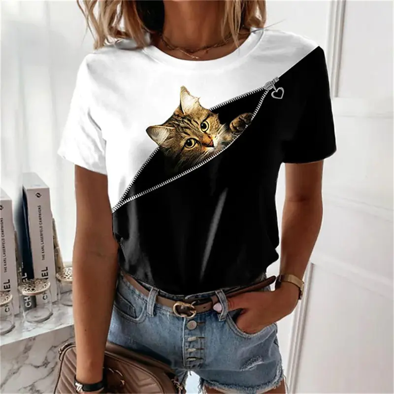 Cute Animal Cat 3d Print Women's T-Shirt Summer Fashion Short Sleeved Casual Top O Neck T-Shirt Y2k Oversized Women's Clothing