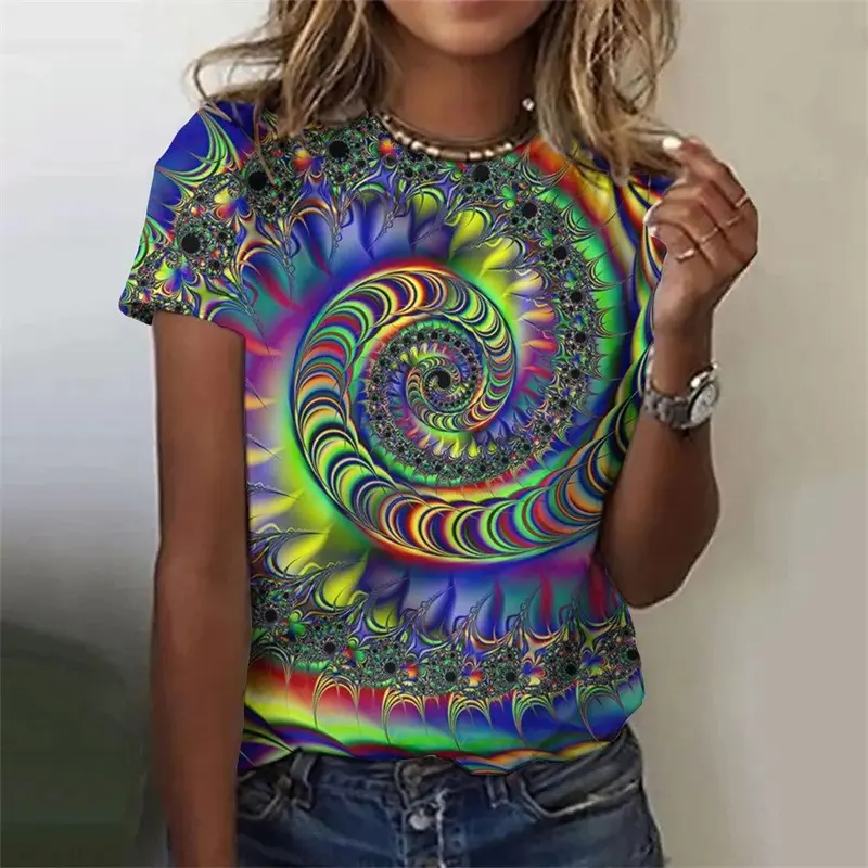 Trendy Women's Short Sleeve Top Pullover Fashion Y2K Casual Street 3D Vortex Printed Crewneck T-Shirt Oversized Women Clothing
