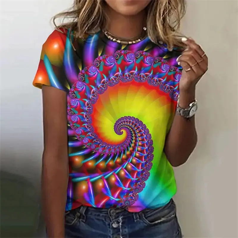 Trendy Women's Short Sleeve Top Pullover Fashion Y2K Casual Street 3D Vortex Printed Crewneck T-Shirt Oversized Women Clothing