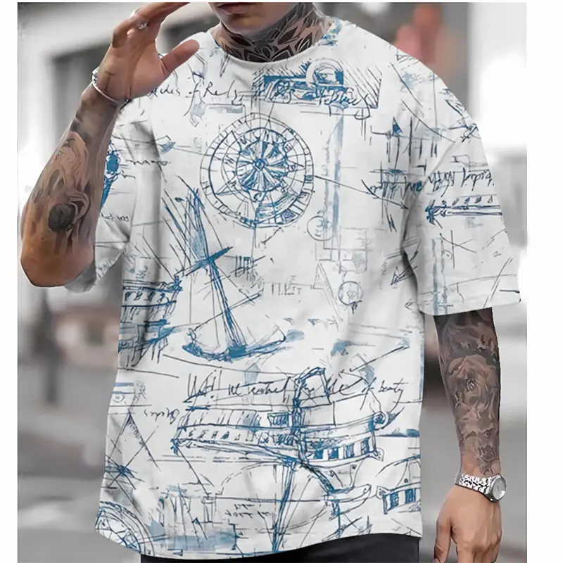 Men's Vintage T Shirt Nautical Map Compass Print T-Shirt Summer Daily Loose Short Sleeve Male Tops Casual Tees Unisex Clothing