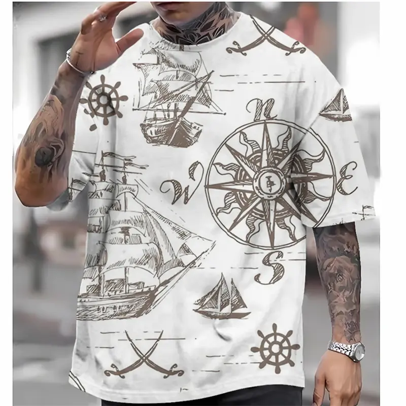 Men's Vintage T Shirt Nautical Map Compass Print T-Shirt Summer Daily Loose Short Sleeve Male Tops Casual Tees Unisex Clothing