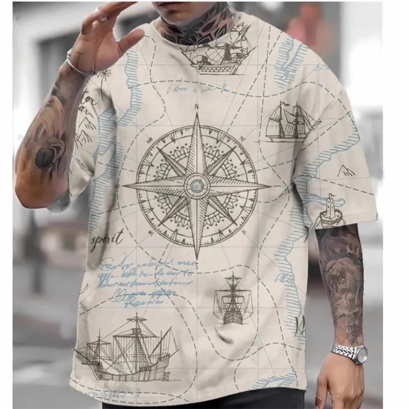 Men's Vintage T Shirt Nautical Map Compass Print T-Shirt Summer Daily Loose Short Sleeve Male Tops Casual Tees Unisex Clothing