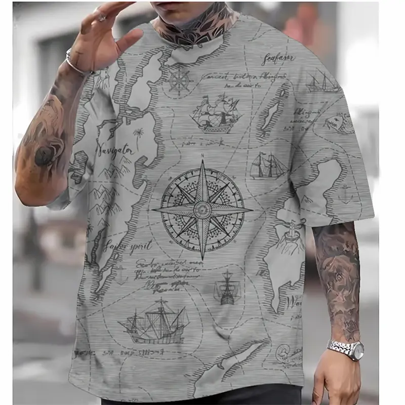 Men's Vintage T Shirt Nautical Map Compass Print T-Shirt Summer Daily Loose Short Sleeve Male Tops Casual Tees Unisex Clothing