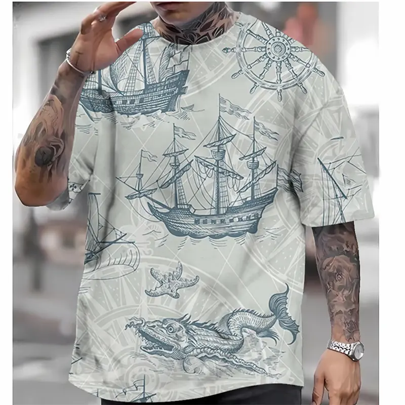Men's Vintage T Shirt Nautical Map Compass Print T-Shirt Summer Daily Loose Short Sleeve Male Tops Casual Tees Unisex Clothing