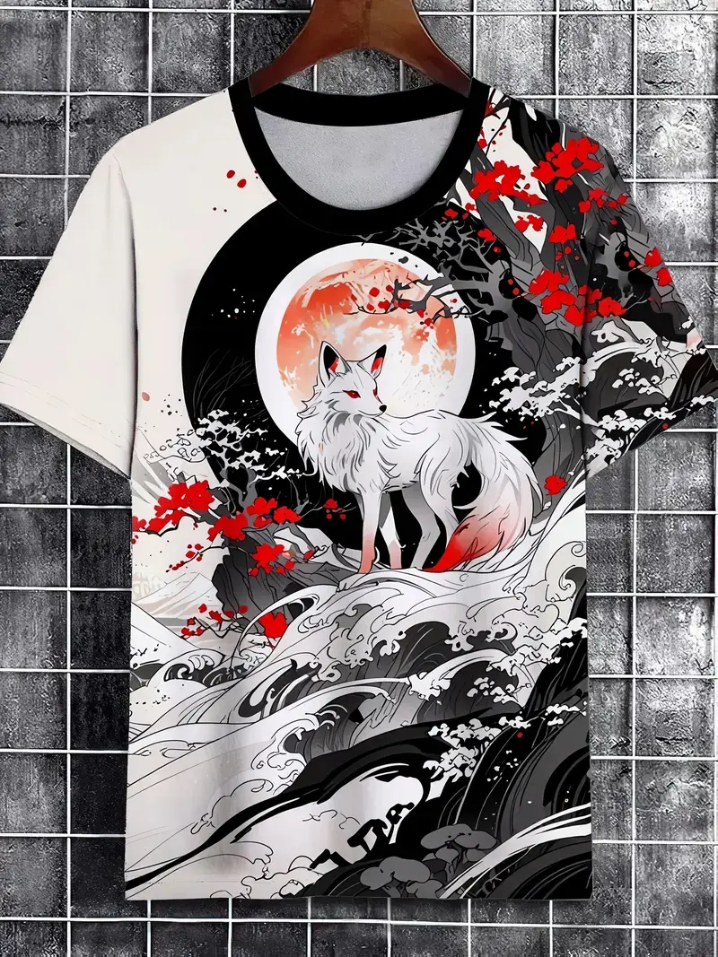 Men's T-Shirt Japanese Style Samurai Pattern Printed Casual O-Neck Loose Street Short Sleeved Tees Tops Male Oversized T Shirt