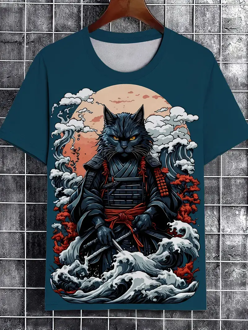Men's T-Shirt Japanese Style Samurai Pattern Printed Casual O-Neck Loose Street Short Sleeved Tees Tops Male Oversized T Shirt