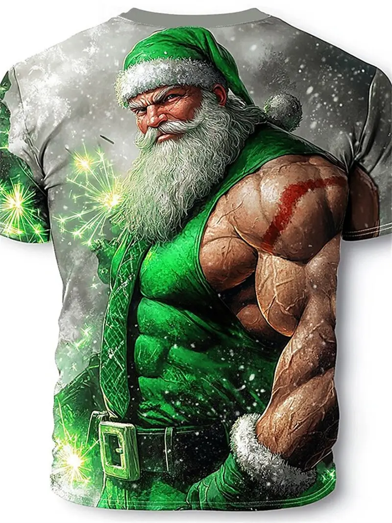 Retro Men's T-shirt 3D Print Funny Muscle Santa Claus T Shirts Men's Fashion Casual Round Neck Short Sleeve New Year Party Tops