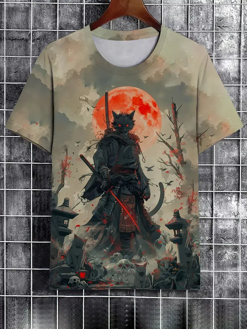 Men's T-Shirt Japanese Style Samurai Pattern Printed Casual O-Neck Loose Street Short Sleeved Tees Tops Male Oversized T Shirt