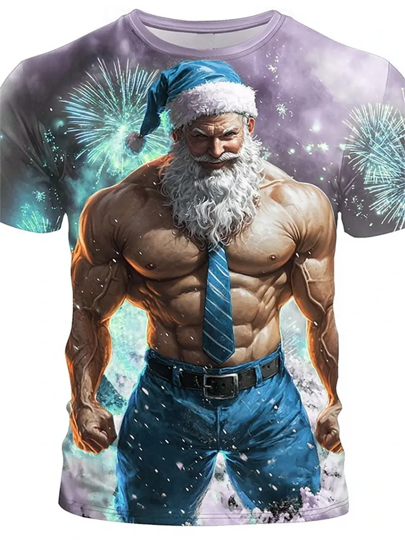 Retro Men's T-shirt 3D Print Funny Muscle Santa Claus T Shirts Men's Fashion Casual Round Neck Short Sleeve New Year Party Tops