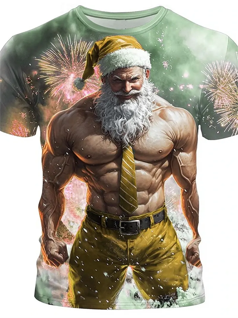 Retro Men's T-shirt 3D Print Funny Muscle Santa Claus T Shirts Men's Fashion Casual Round Neck Short Sleeve New Year Party Tops