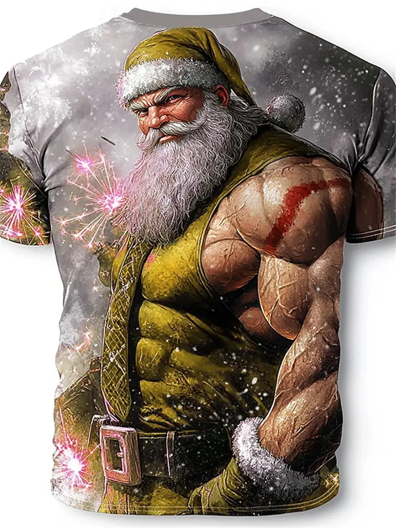 Retro Men's T-shirt 3D Print Funny Muscle Santa Claus T Shirts Men's Fashion Casual Round Neck Short Sleeve New Year Party Tops