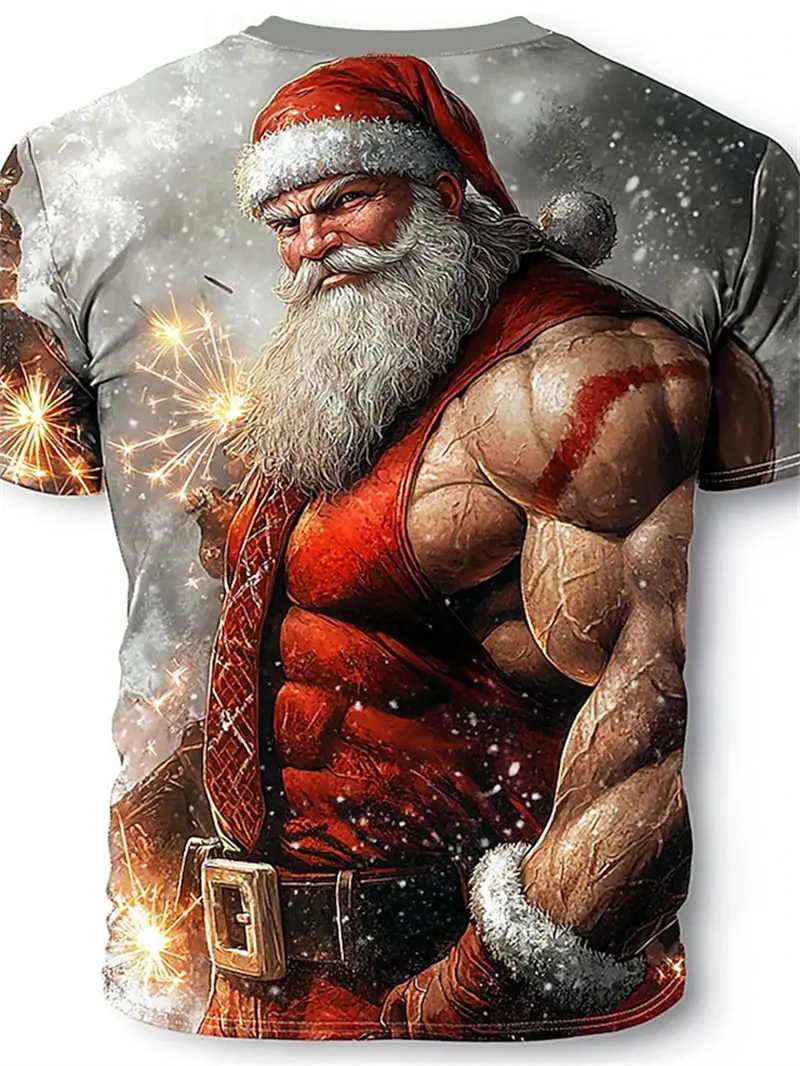Retro Men's T-shirt 3D Print Funny Muscle Santa Claus T Shirts Men's Fashion Casual Round Neck Short Sleeve New Year Party Tops