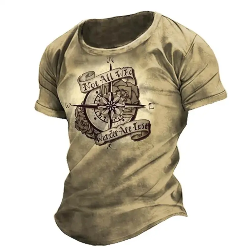 Summer Retro American Short Sleeved Street Men's T-shirt Casual 3D Compass Printed T-shirt Short Sleeved Top Holiday Men's Shirt