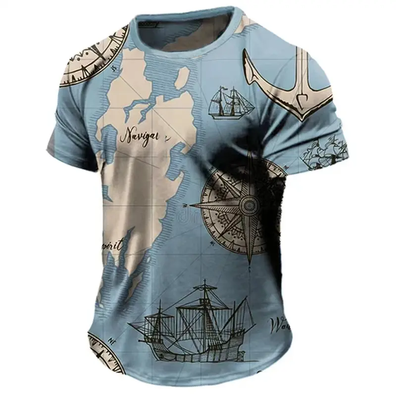 Summer Retro American Short Sleeved Street Men's T-shirt Casual 3D Compass Printed T-shirt Short Sleeved Top Holiday Men's Shirt