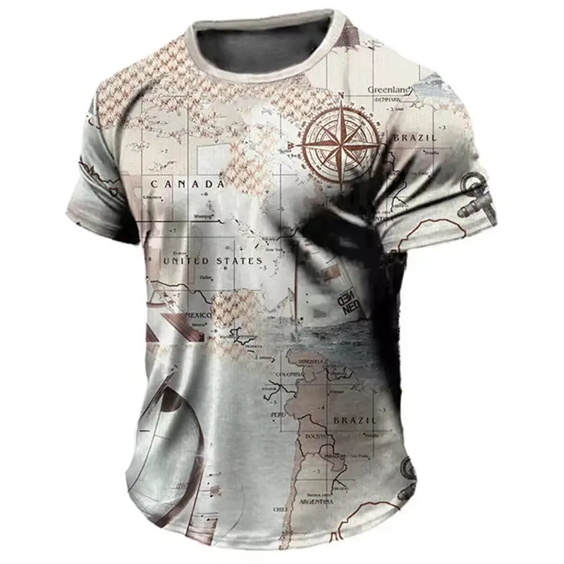 Summer Retro American Short Sleeved Street Men's T-shirt Casual 3D Compass Printed T-shirt Short Sleeved Top Holiday Men's Shirt
