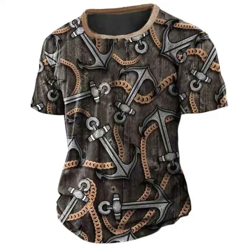 Summer Retro American Short Sleeved Street Men's T-shirt Casual 3D Compass Printed T-shirt Short Sleeved Top Holiday Men's Shirt