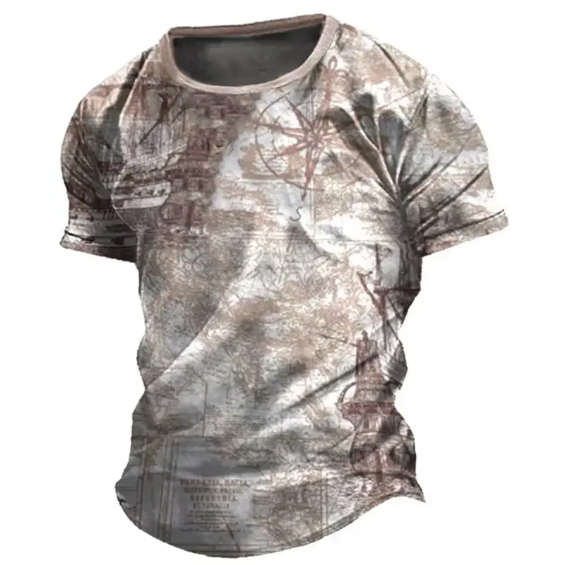 Summer Retro American Short Sleeved Street Men's T-shirt Casual 3D Compass Printed T-shirt Short Sleeved Top Holiday Men's Shirt