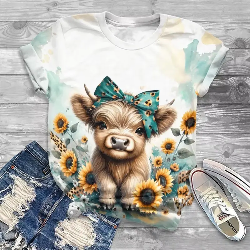 New Cute Cow Print T-Shirt For Women Girls Fashion Casual Short Sleeve Tee Shirt Women O-Neck Animal Blouse Elegant Woman Tops