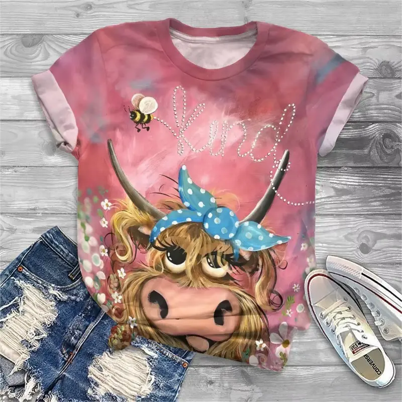 New Cute Cow Print T-Shirt For Women Girls Fashion Casual Short Sleeve Tee Shirt Women O-Neck Animal Blouse Elegant Woman Tops