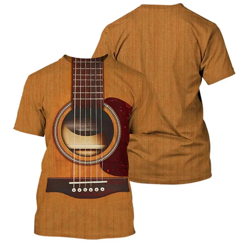 Men's 3D Printed Music Bass Guitar Pattern T-shirt Men's Fashion Hip Hop Funny Short Sleeve Round Neck T-shirt Fashionable Tops
