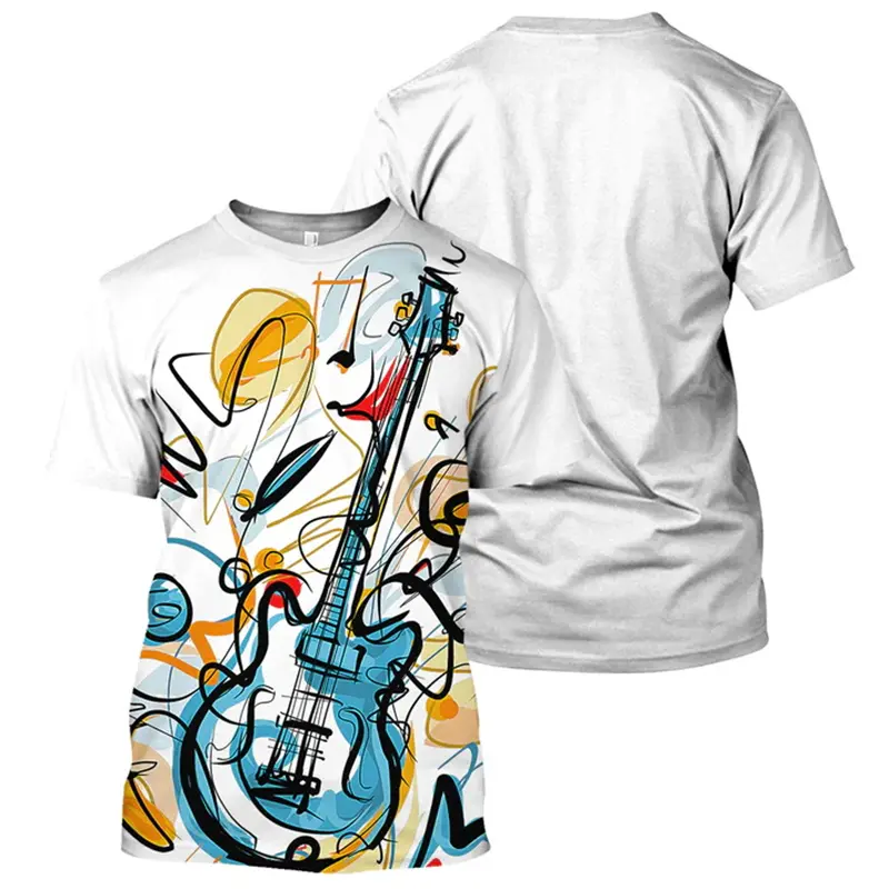 Men's 3D Printed Music Bass Guitar Pattern T-shirt Men's Fashion Hip Hop Funny Short Sleeve Round Neck T-shirt Fashionable Tops